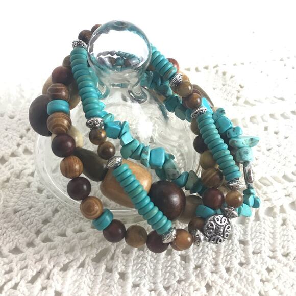 Turquoise Wood Bracelets Southwestern 4 Pc Stackable - Picture 2 of 6